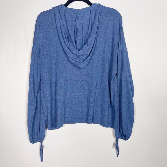 Joan Vass Womens Medium M Blue Lightweight Hooded Sweater Tie Sleeve Cuffs - Picture 2 of 10